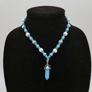 Handmade Beaded Hippie Hemp Cord Necklace with Blue Pendant, Bohemian, Unisex